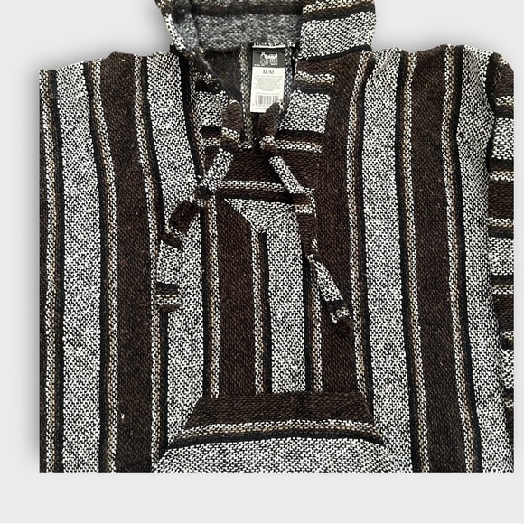 Authentic Mexican Baja woven pullover hoodie boxy wide stripes black gray WomenM - Picture 6 of 12